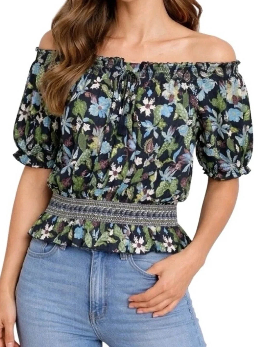 Tory Burch Floral Smocked Off Shoulder Cottage Blouse Cactus Print Navy Size 10